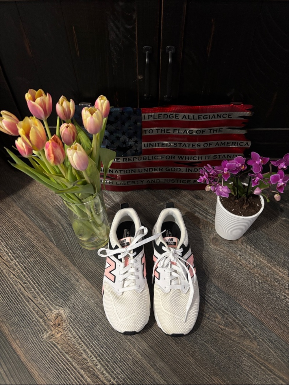 New Balance White Sneakers with Pink and Black Accents